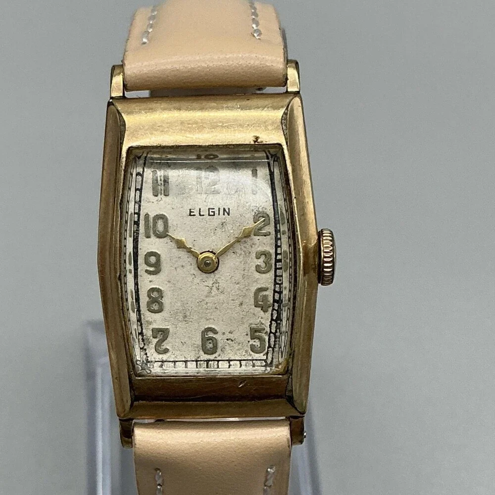 Vintage Elgin Mens Watch 21mm Driver Gold Tone Manual Wind Beige Leather
